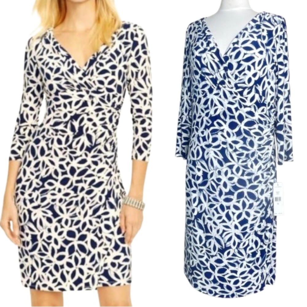 NWT Lauren Ralph Lauren White & Blue Dress | Ruched Faux Wrap V-Neck | 16